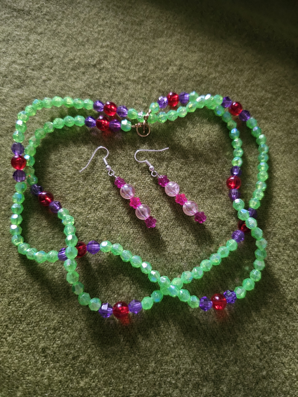 Green Beaded Necklace and Pink Dangle Earrings Set